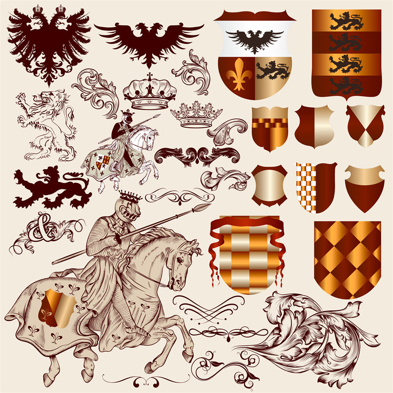 Illustration du symbole du drapeau traditionnel - Vecteur du symbole de l'histoire de l'UE - Roi Couronne Lion Griffon Aigle à deux têtes Chevalier Château