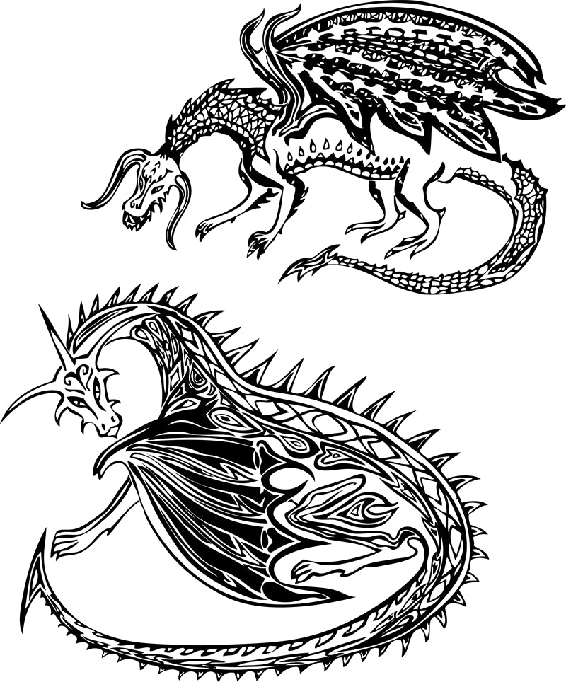 _silhouettes_de_dragons_volants_reptiles_crachant_du_feu_dragons_médiévaux_ailés_mascottes_dragons_effrayants_ensemble_d'illustrations_vectorielles_plates_silhouettes_dragons_fées