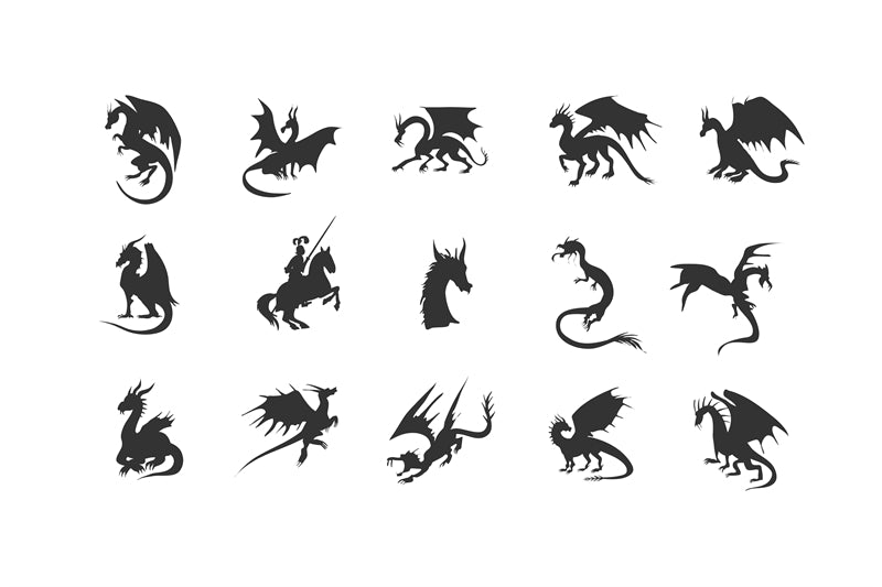_silhouettes_de_dragons_volants_reptiles_crachant_du_feu_dragons_médiévaux_ailés_mascottes_dragons_effrayants_ensemble_d'illustrations_vectorielles_plates_silhouettes_dragons_fées