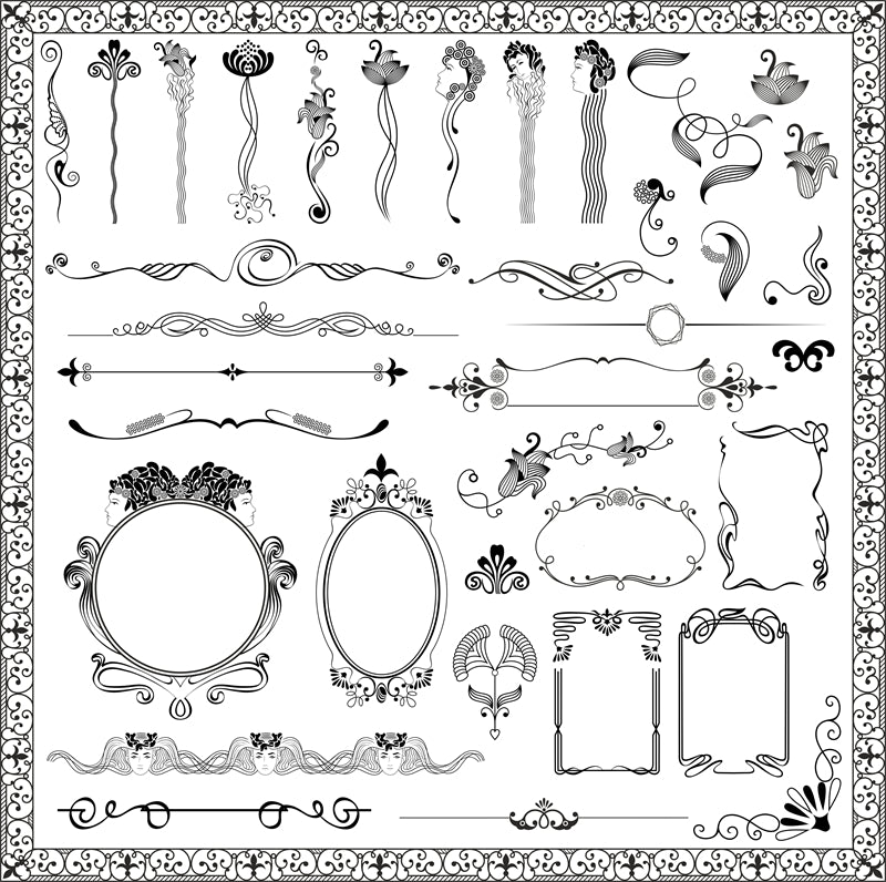 Collection de cadres de luxe, bordures victoriennes vintage, motifs décoratifs à la main - Téléchargement gratuit en format Png/PSD/JPG