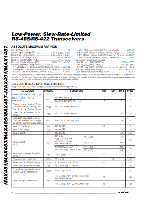 MAX485ESA datasheet