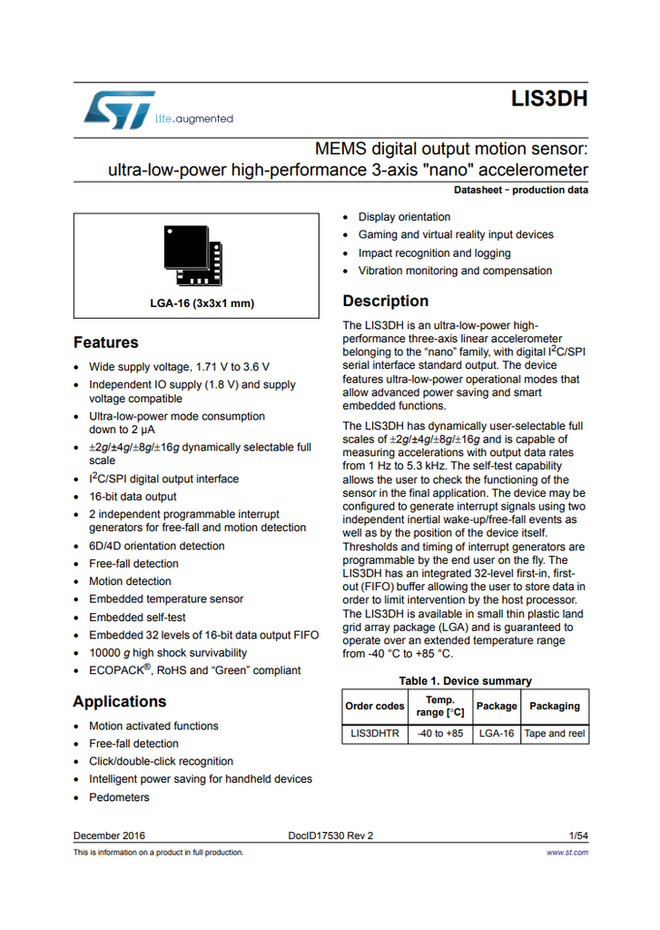 LIS3DHTR datasheet