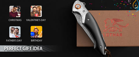 LOTHAR TUNA Damascus Pocket Knife, 3.3" Damascus VG10 Folding Knife with Retro Leather Sheath