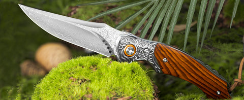 LOTHAR TUNA Damascus Pocket Knife, 3.3" Damascus VG10 Folding Knife with Retro Leather Sheath