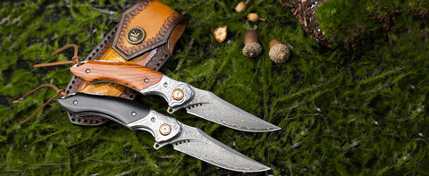 LOTHAR TUNA Damascus Pocket Knife, 3.3" Damascus VG10 Folding Knife with Retro Leather Sheath