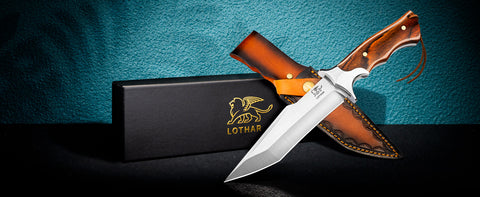 LOTHAR MOOSE Fixed Blade Hunting Knife, 5.3 Inch Sharp D2 Blade Bowie Knife with Leather Sheath, Rosewood Handle, Perfect Helper for Hunting, Camping or Bushcraft