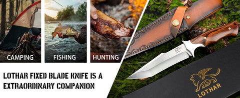 LOTHAR MOOSE Fixed Blade Hunting Knife, 5.3 Inch Sharp D2 Blade Bowie Knife with Leather Sheath, Rosewood Handle, Perfect Helper for Hunting, Camping or Bushcraft