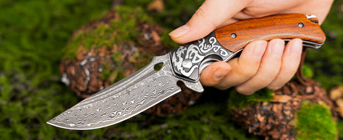 LOTHAR REINDEER Damast Klappmesser Zweihandmesser, Taschenmesser Damast aus 67 Lagen VG10 Damaststahl, Zweihandmesser Legal Deutschland, Zweihand Klappmesser mit Holzgriff, Ideal als Geschenk