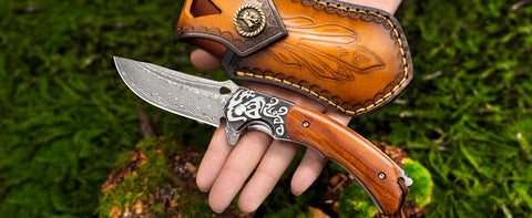 LOTHAR REINDEER Damast Klappmesser Zweihandmesser, Taschenmesser Damast aus 67 Lagen VG10 Damaststahl, Zweihandmesser Legal Deutschland, Zweihand Klappmesser mit Holzgriff, Ideal als Geschenk