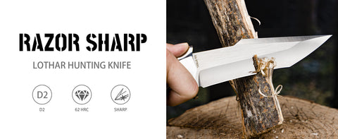 LOTHAR MOOSE Fixed Blade Hunting Knife, 5.3 Inch Sharp D2 Blade Bowie Knife with Leather Sheath, Rosewood Handle, Perfect Helper for Hunting, Camping or Bushcraft