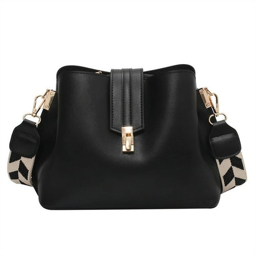 Designer Wide Strap Leather Crossbody Bucket Bag