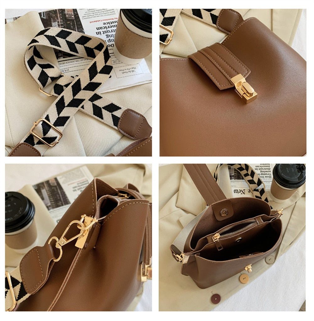 Designer Wide Strap Leather Crossbody Bucket Bag