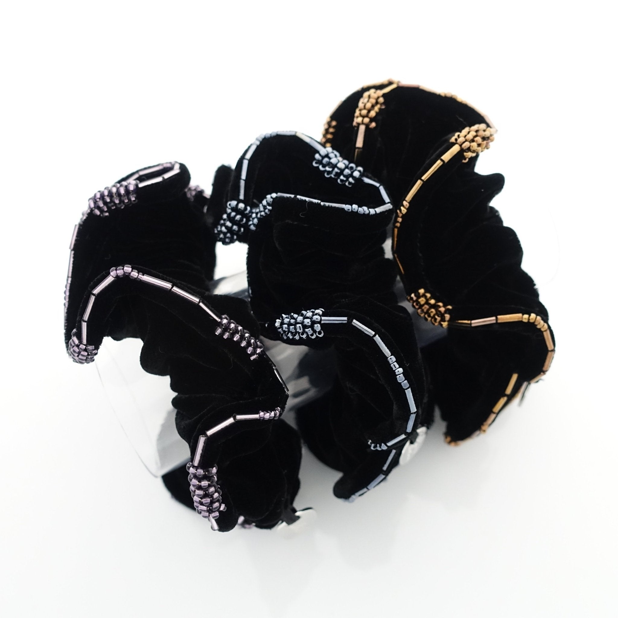 Beaded Trim Luxury Silk Velvet Hair Elastic Black Scrunchies