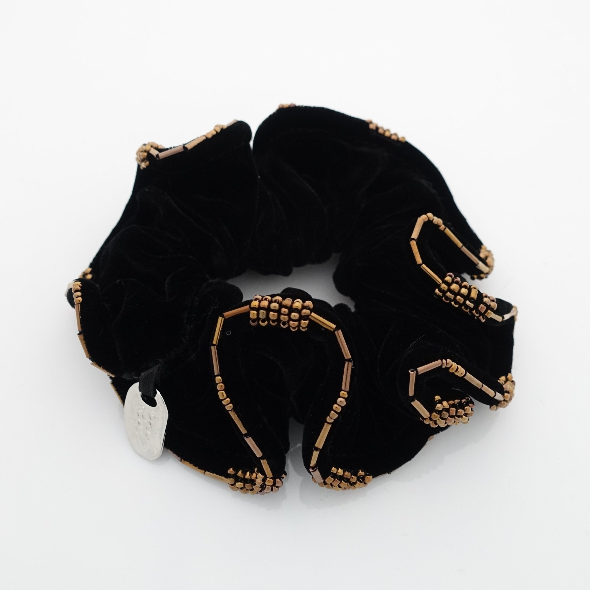 Beaded Trim Luxury Silk Velvet Hair Elastic Black Scrunchies