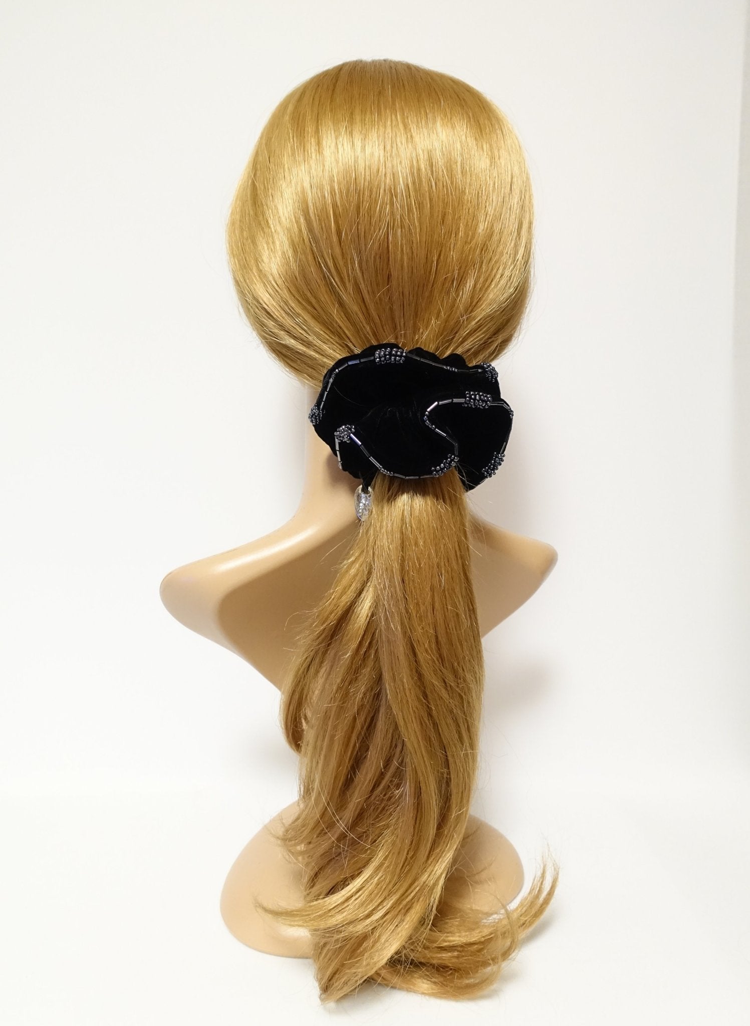 Beaded Trim Luxury Silk Velvet Hair Elastic Black Scrunchies