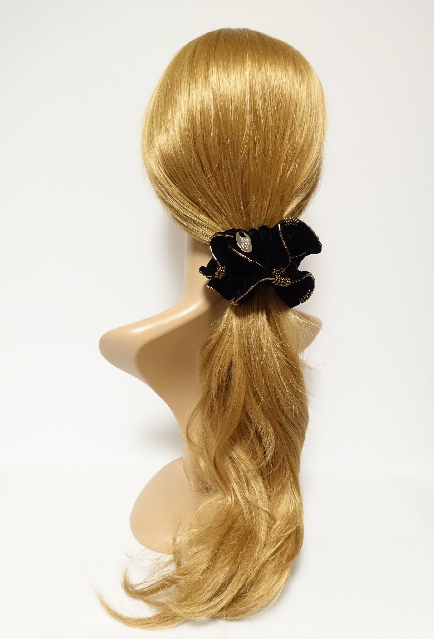 Beaded Trim Luxury Silk Velvet Hair Elastic Black Scrunchies