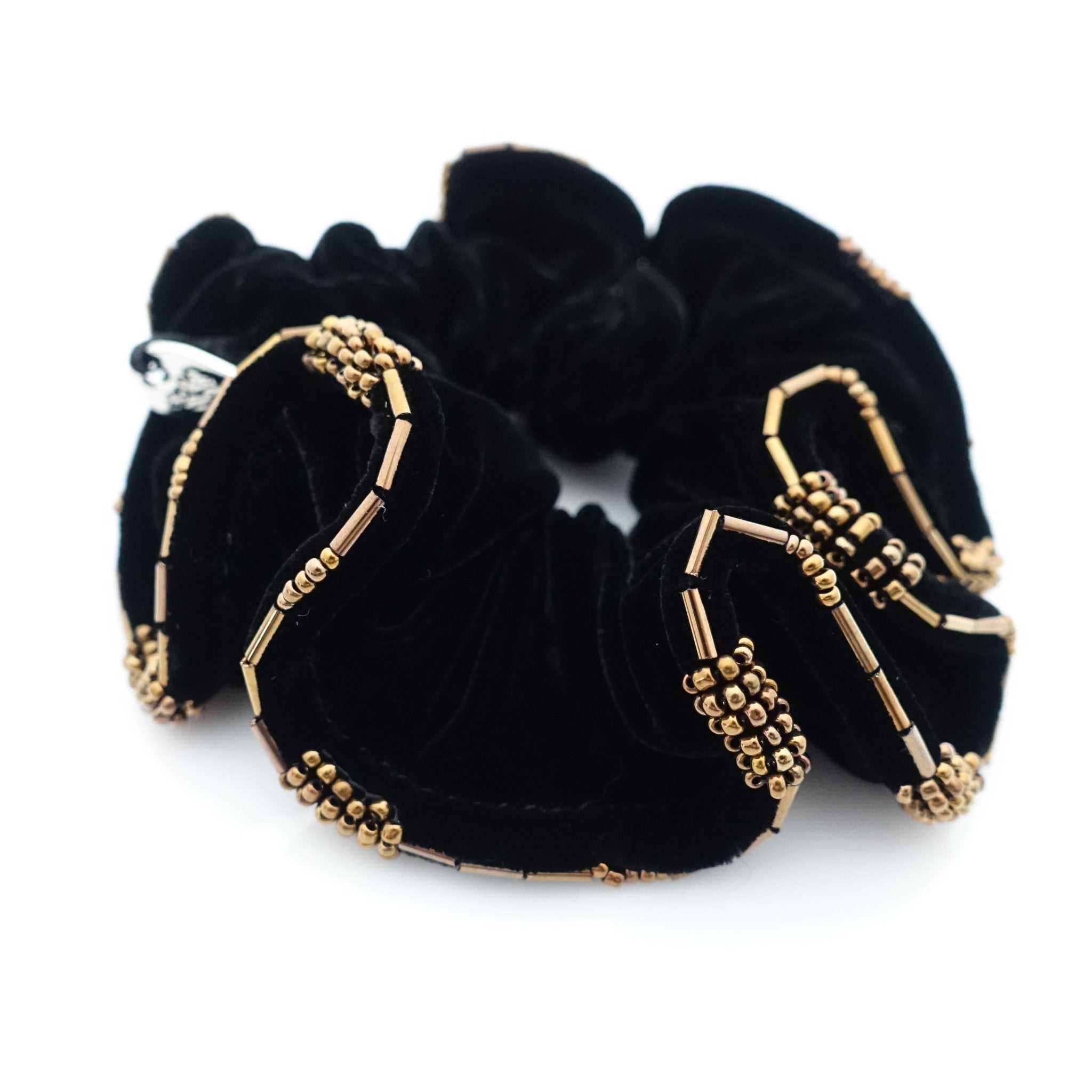 Beaded Trim Luxury Silk Velvet Hair Elastic Black Scrunchies