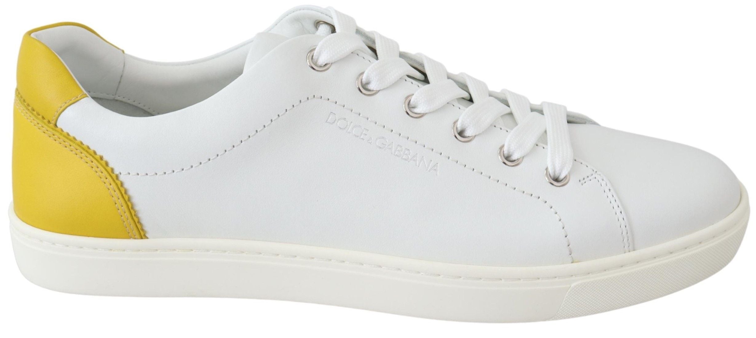Dolce & Gabbana White Yellow Leather Low Top  Sneakers Shoes