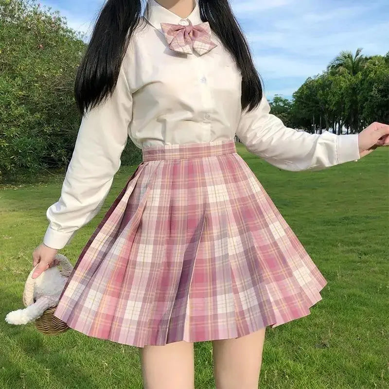 Summer Women's Mini Skirt Harajuku Korean Fashion Sweet Cute Jk Kawaii Skirt Girl High Waist Plaid Pink Pleated Skirt