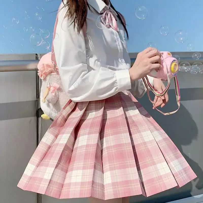 Summer Women's Mini Skirt Harajuku Korean Fashion Sweet Cute Jk Kawaii Skirt Girl High Waist Plaid Pink Pleated Skirt