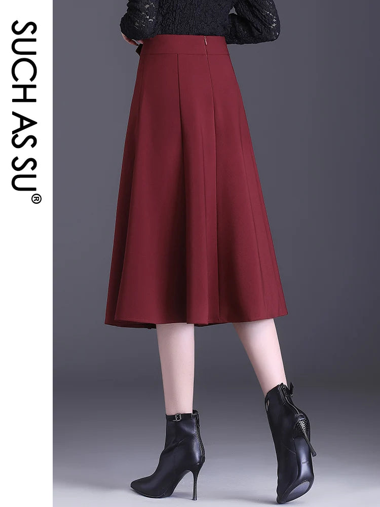 SUCH AS SU 2 Colors 2022 Autumn Spring Women Black Red High Waist Lady Pleated Twill Knit Skirt S-3XL Size Female Mid-Long Skirt