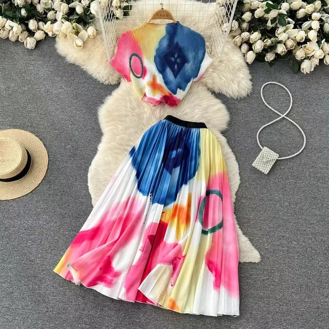 Women's Printed Short Skirt with Big Swing Pink Pleated Fashionable Commuter Skirt Summer Ladies Elastic Waist Two Piece Clothes