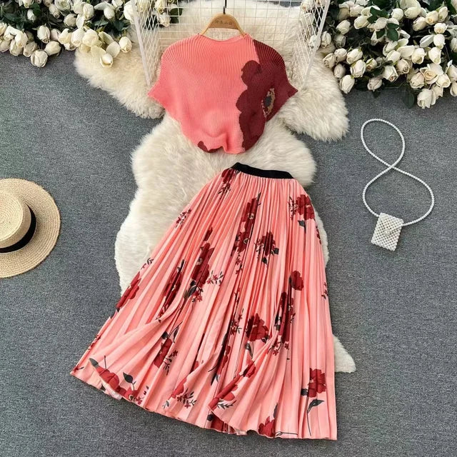 Women's Printed Short Skirt with Big Swing Pink Pleated Fashionable Commuter Skirt Summer Ladies Elastic Waist Two Piece Clothes