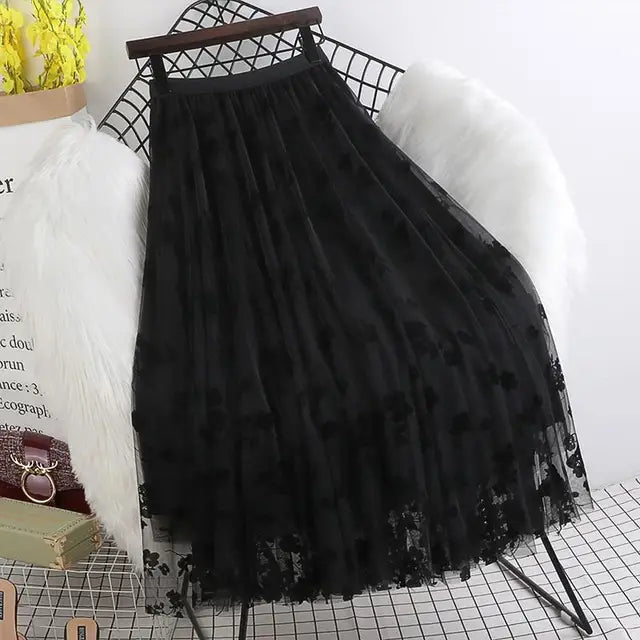 Guilantu Summer Mesh Print Floral Long Skirt Women Clothes Elastic High Waist Casual Pleated Vintage Mid-calf Tulle Skirts Woman
