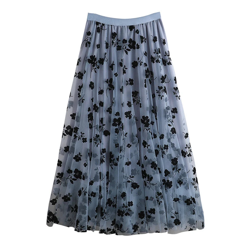 Guilantu Summer Mesh Print Floral Long Skirt Women Clothes Elastic High Waist Casual Pleated Vintage Mid-calf Tulle Skirts Woman