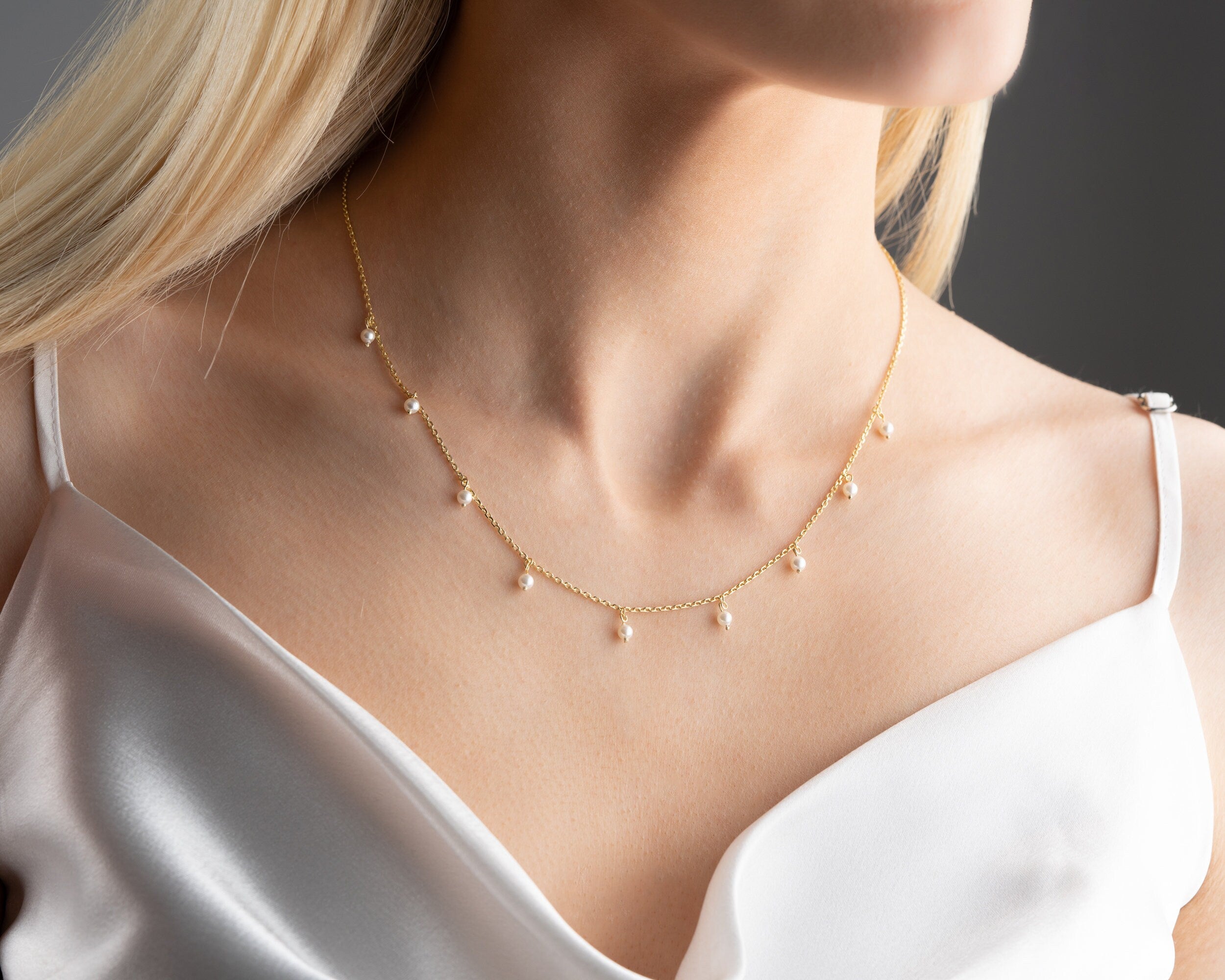 Pearl Necklace, Freshwater Pearl Necklace, 14K Gold Chain Necklace, White Pearl Beaded Necklace, Pearl Jewelry, Mothers Day Gift