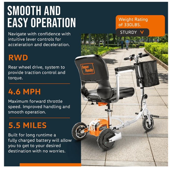 Super Handy GUT140 48V 3-Wheeled Lightweight Long Range with Extra Battery Folding Mobility Scooter New