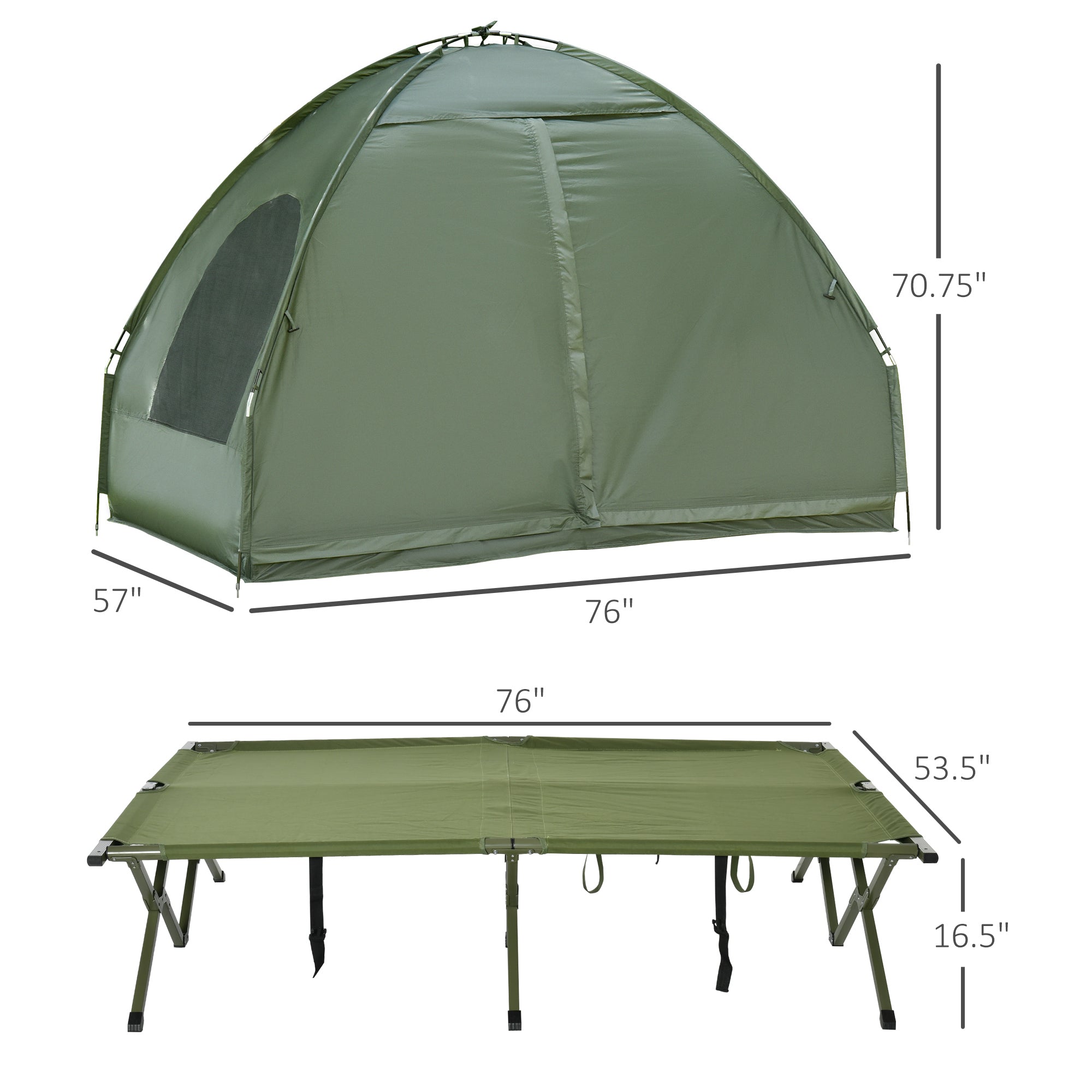 2-Person Foldable Camping Cot, Portable Outdoor w/ Bedspread & Thick Air Mattress, 4-In-1 Elevated Camping Bed Tent for Hiking, Picnic, Green