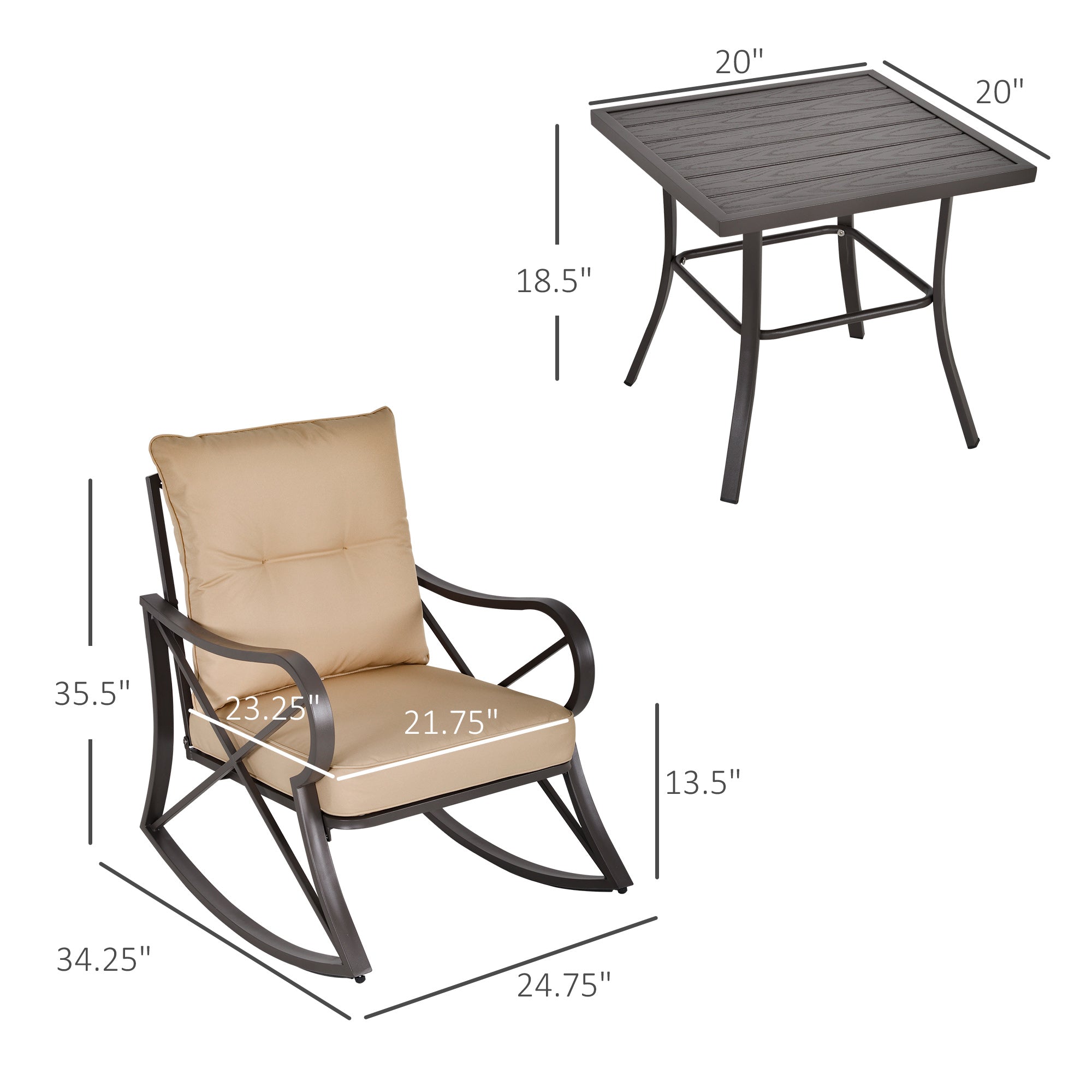 3 Piece Outdoor Patio Rocking Chair Set with Coffee Table Garden Bistro Set with Cushions - Beige