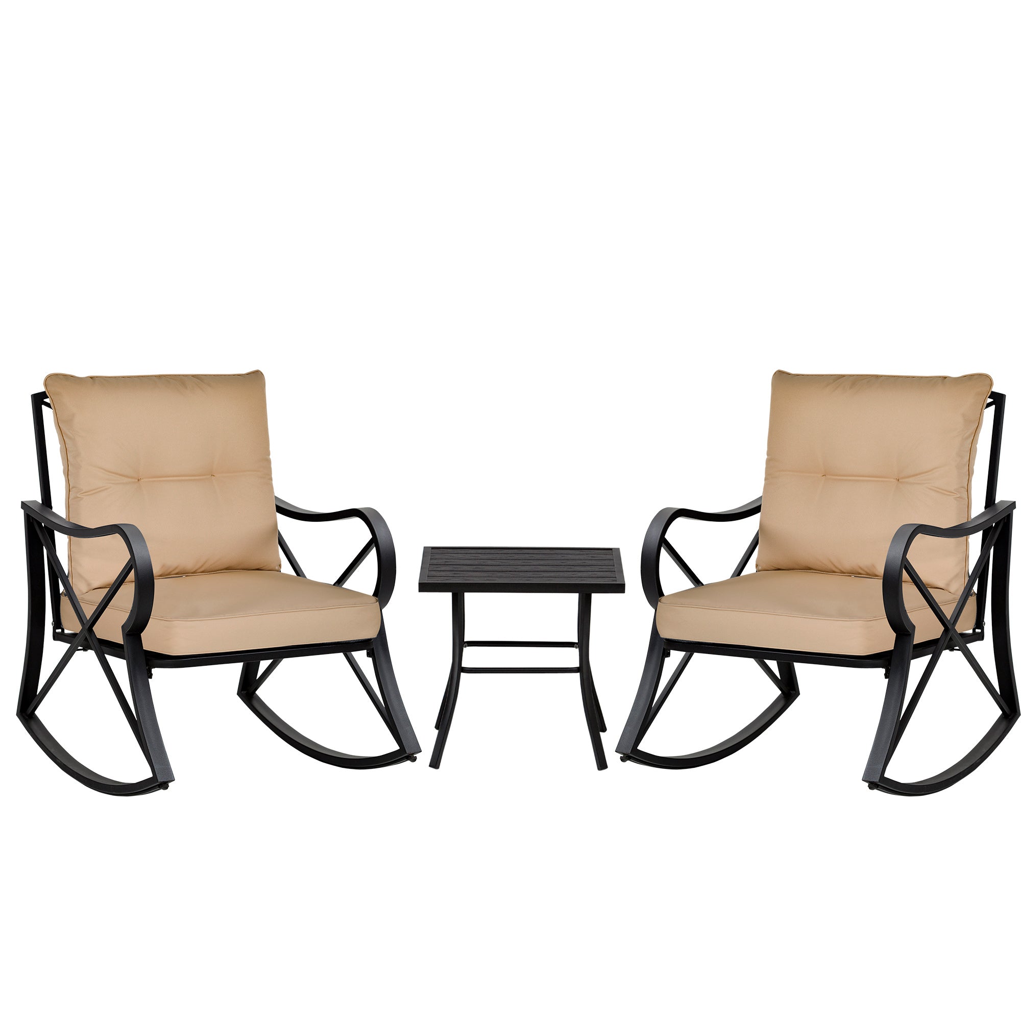 3 Piece Outdoor Patio Rocking Chair Set with Coffee Table Garden Bistro Set with Cushions - Beige