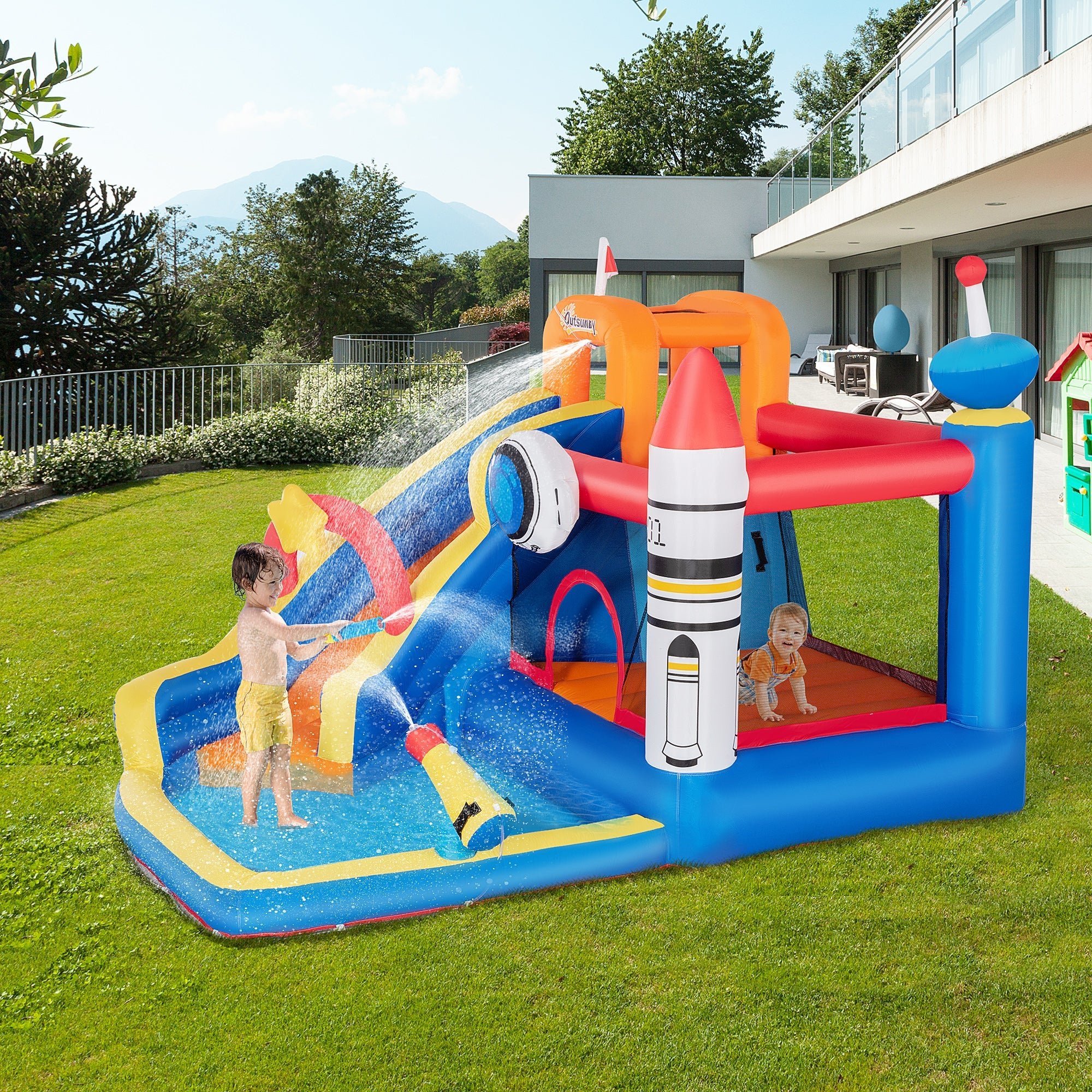 5-in-1 Inflatable Water Slide Kids Bounce House Space Theme Water Park Includes Slide Trampoline Pool Cannon Climbing Wall & 450W Air Blower