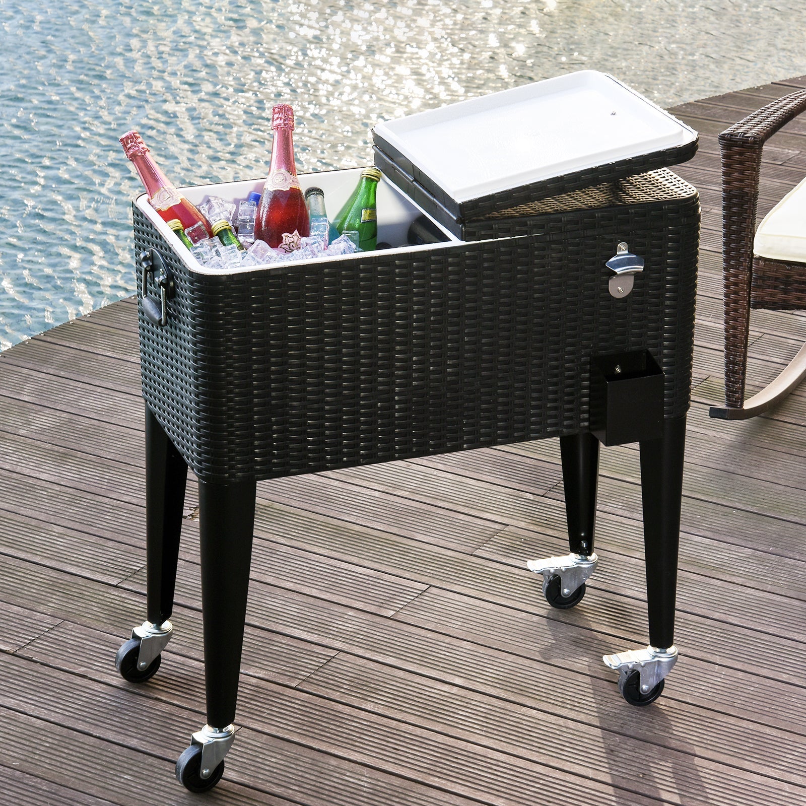 80 QT Rolling Cooling Bins Ice Chest on Wheels Outdoor Stand Up Drink Cooler Cart for Party, Dark Brown Wicker