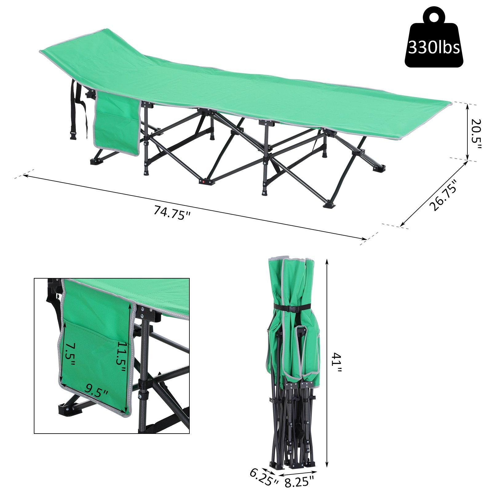 Folding Camping Cots for Adults with Carry Bags, Side Pockets, Outdoor Portable Sleeping Bed for Travel Camp Vocation, Green