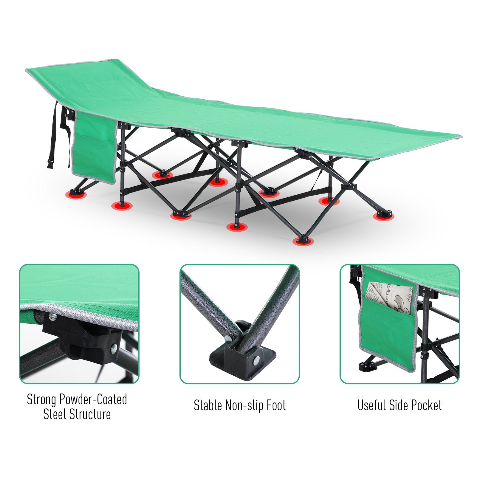 Folding Camping Cots for Adults with Carry Bags, Side Pockets, Outdoor Portable Sleeping Bed for Travel Camp Vocation, Green