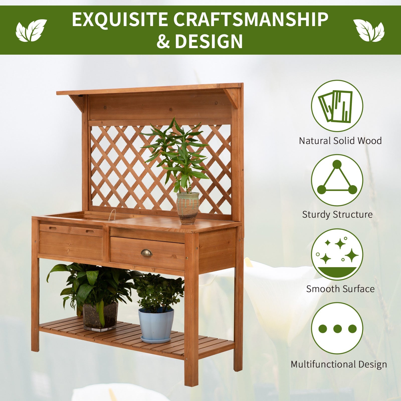 Garden Potting Bench, Outdoor Wooden Workstation Table with Metal Screen