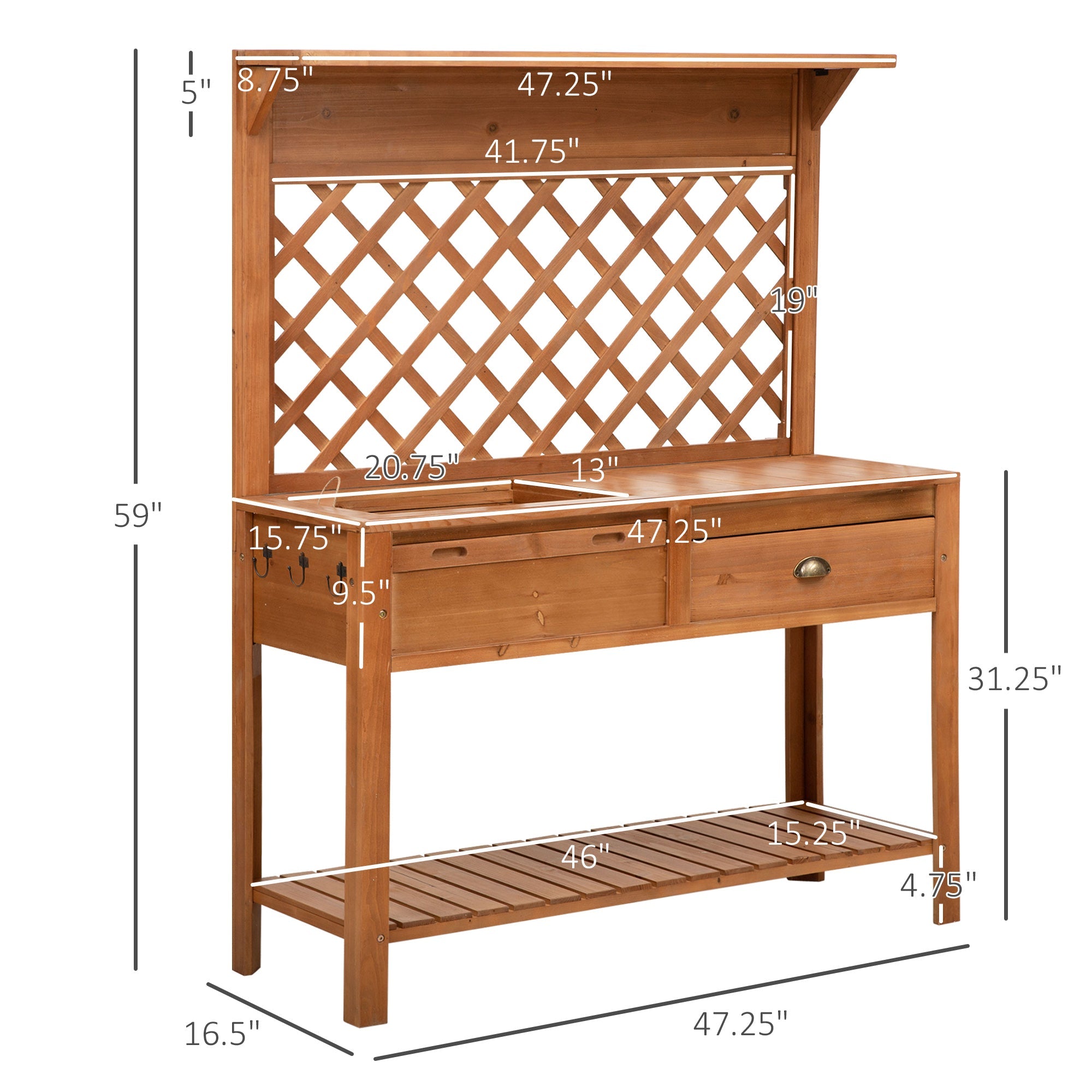 Garden Potting Bench, Outdoor Wooden Workstation Table with Metal Screen