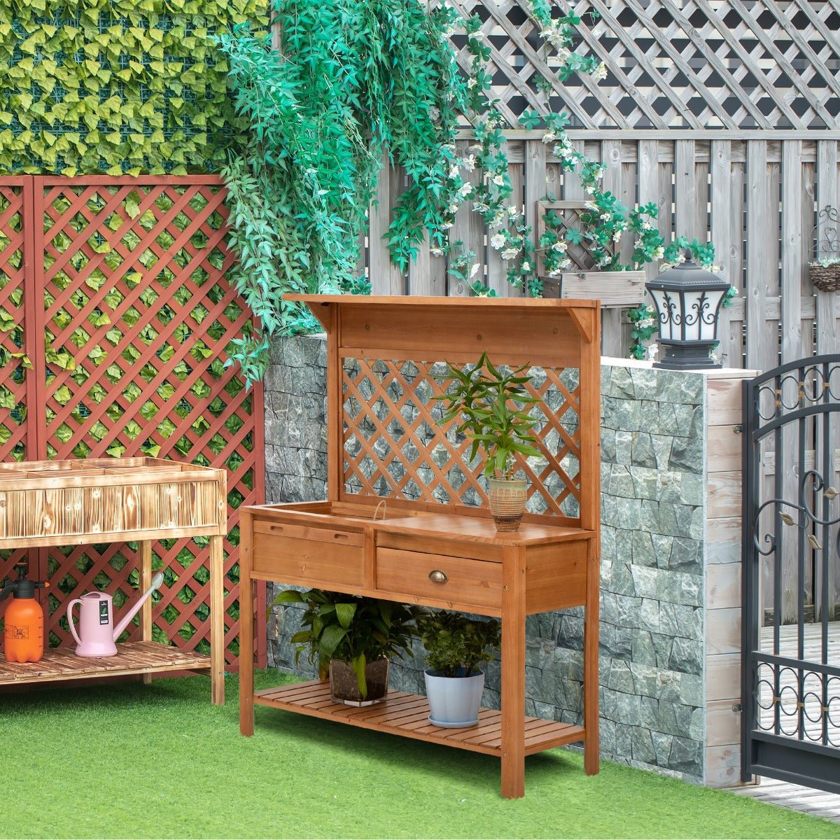 Garden Potting Bench, Outdoor Wooden Workstation Table with Metal Screen