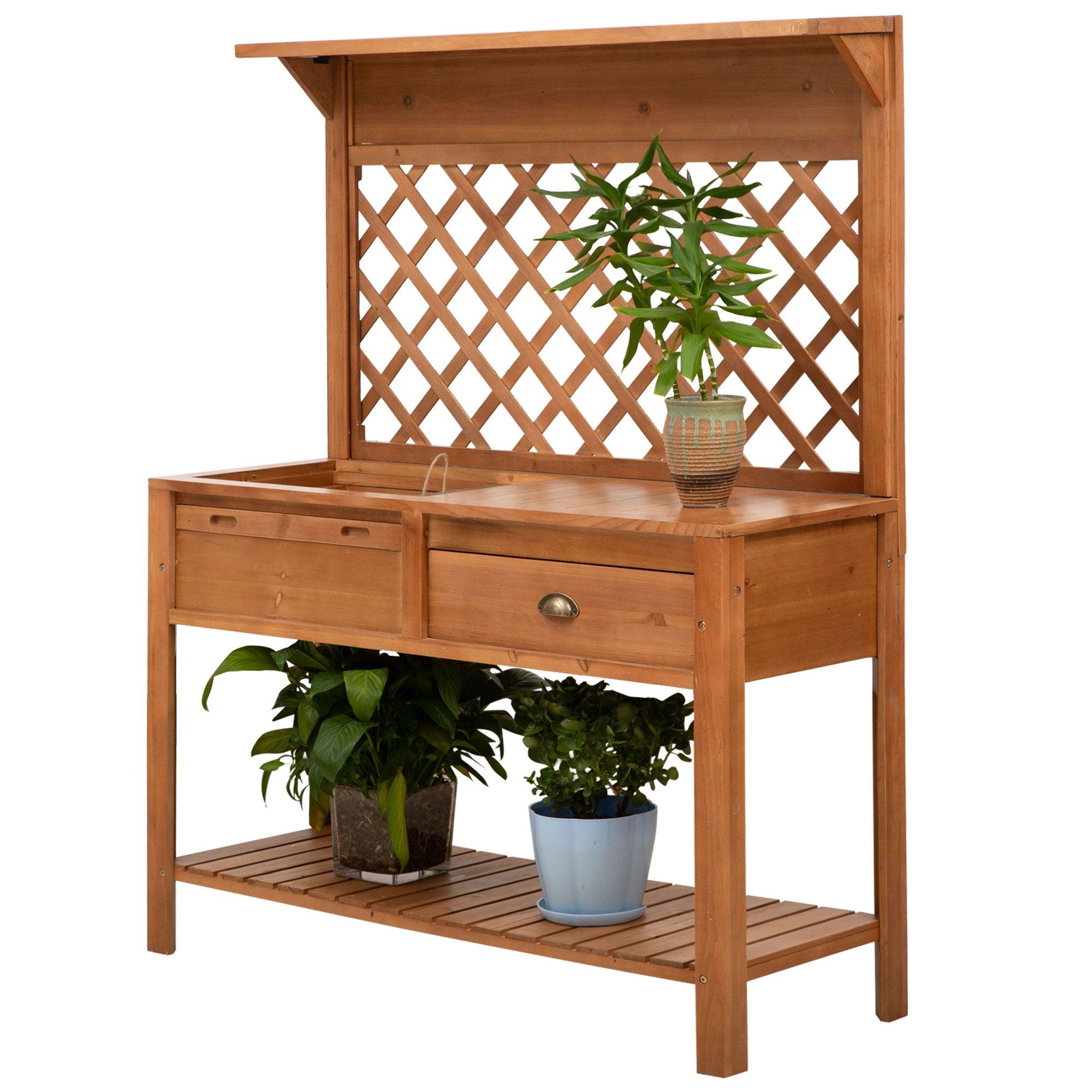 Garden Potting Bench, Outdoor Wooden Workstation Table with Metal Screen