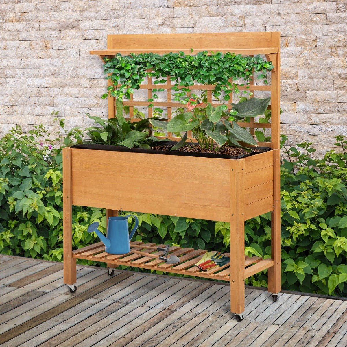 Garden Raised Bed Elevated Wooden Planter with Shelf and Wheels Flower Herb Boxes for Vegetables Flower Solid Wood Brown