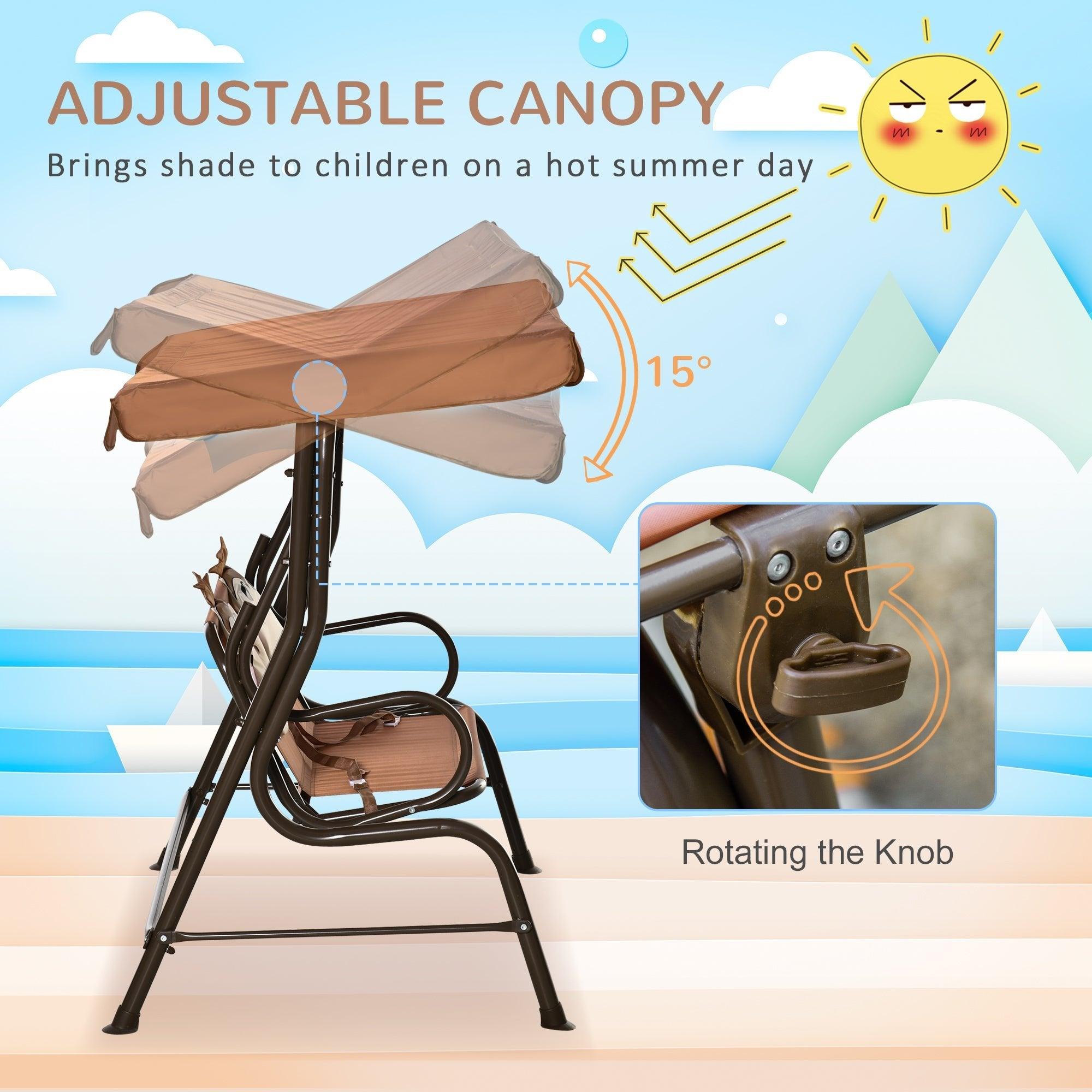 Kids Patio Swing Chair, Children Outdoor 2-Seat Porch Bench Toddler Glider with Canopy, Seat Belt, Monkey Pattern for 3-6 Years Old, Coffee