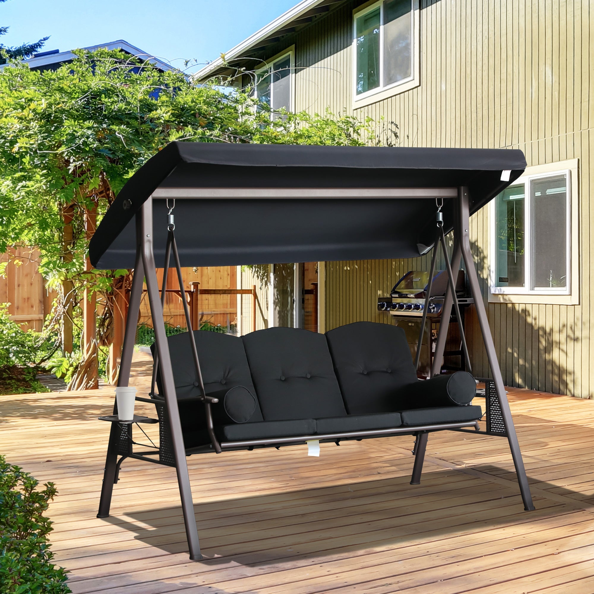 Outdoor Patio 3-Person Steel Canopy Cushioned Seat Bench Swing with Included Side Trays & Padded Comfort, Black