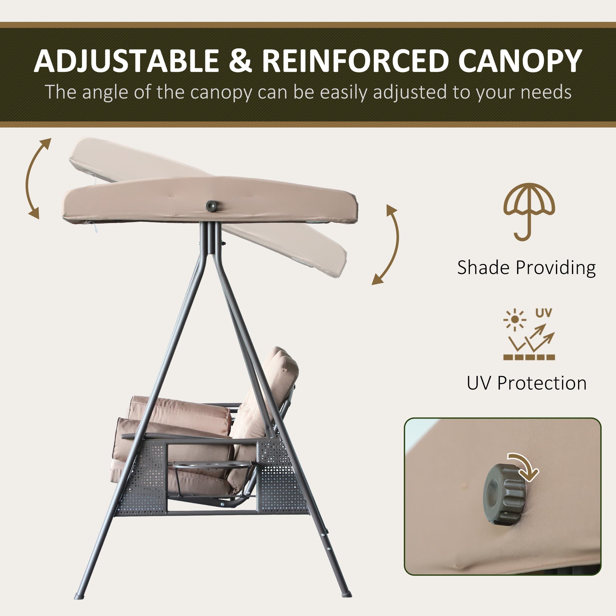 Outdoor Patio 3-Person Steel Canopy Cushioned Seat Bench Swing with Included Side Trays & Padded Comfort, Brown