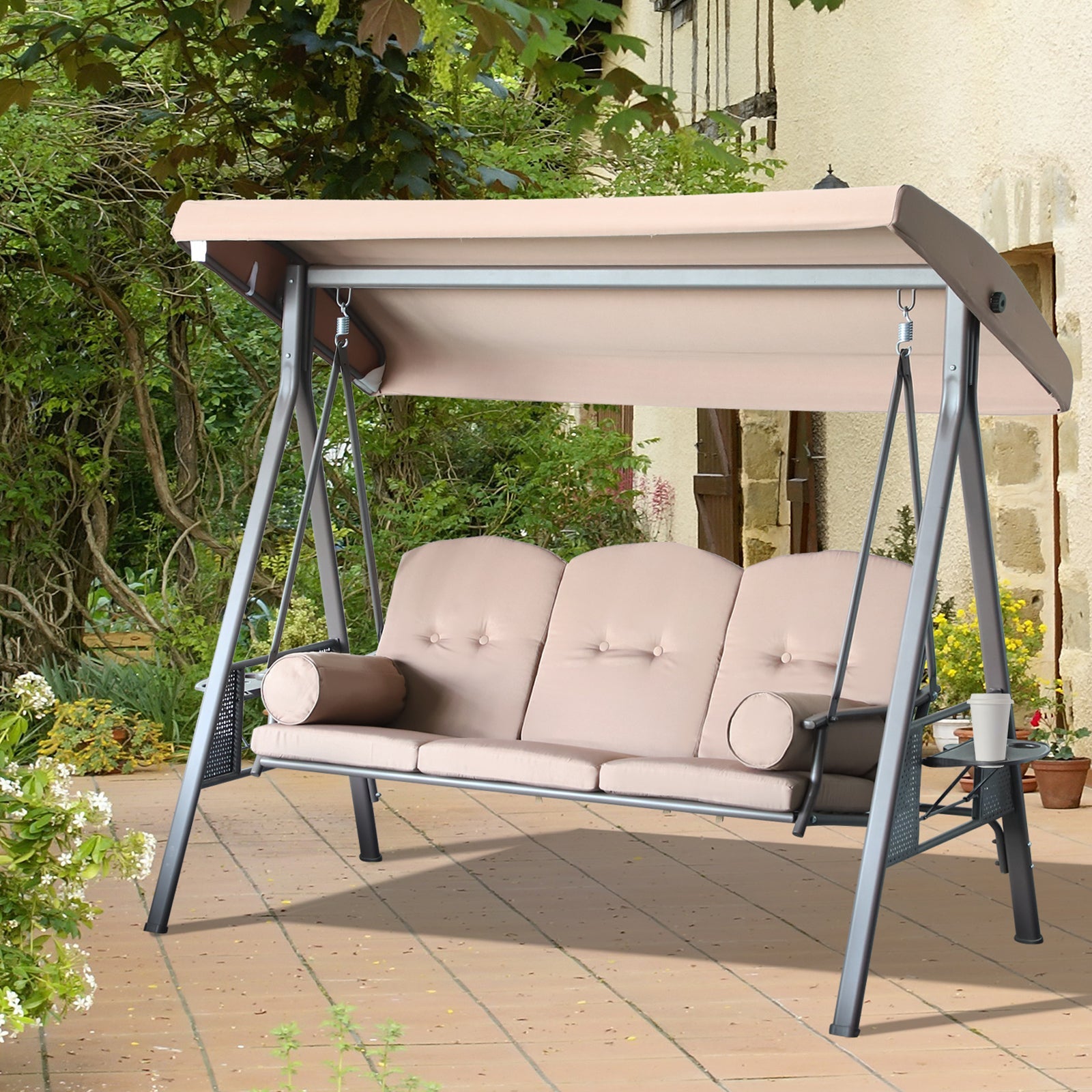 Outdoor Patio 3-Person Steel Canopy Cushioned Seat Bench Swing with Included Side Trays & Padded Comfort, Brown