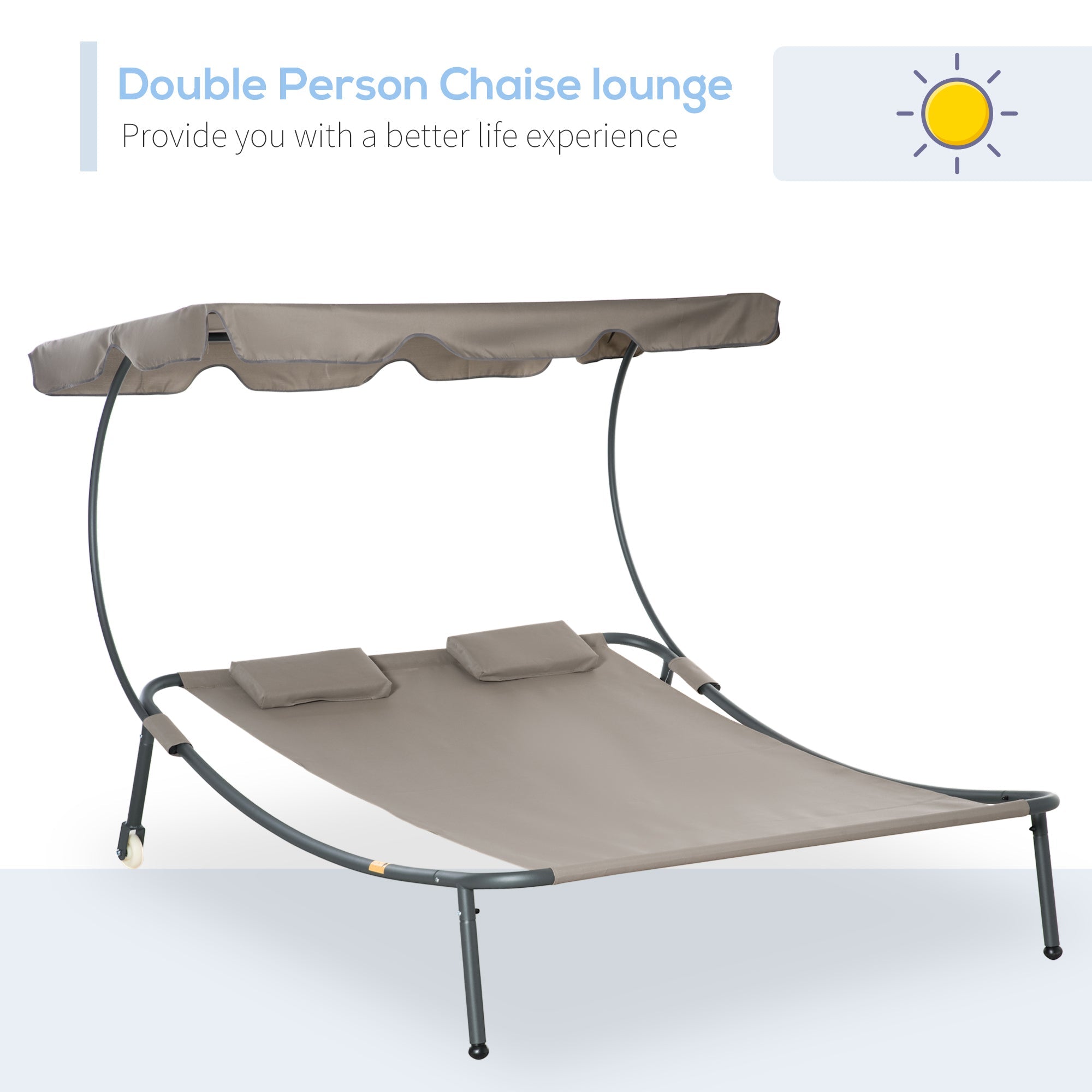 Patio Double Chaise Lounge Outdoor with Adjustable Canopy and Pillow, Wheeled Hammock Bed for Sun Room, Garden, Poolside, Brown