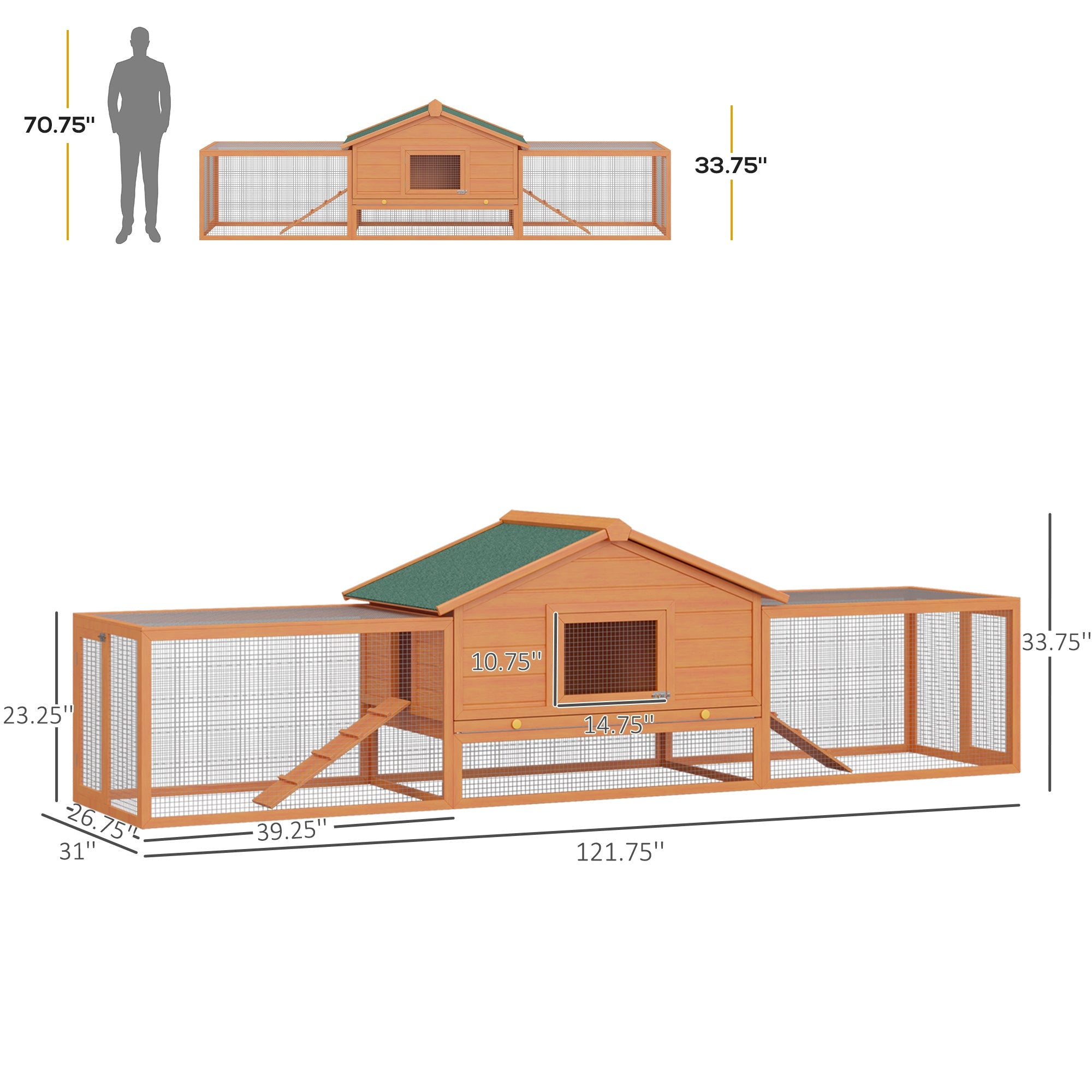 PawHut 2-Story Large Wooden Rabbit Hutch Pet House with Ramps, Lockable Doors, Run Area and Asphalt Roof for Outdoor Use