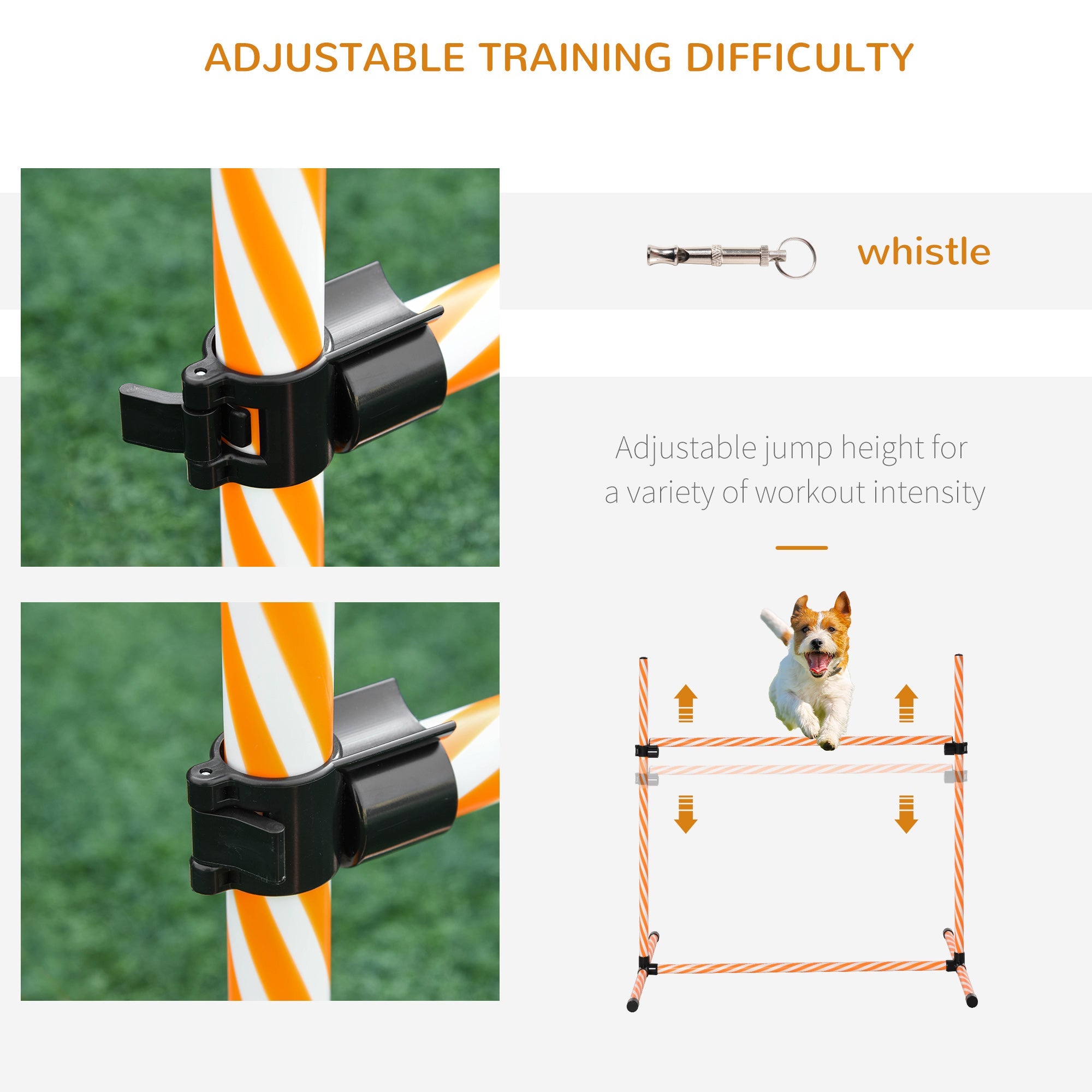 PawHut 6 Piece Dog Agility Starter Kit Speed and Agility Equipment High Jump Hurdle Bar Set with Adjustable Height Carry Bag Whistle Orange